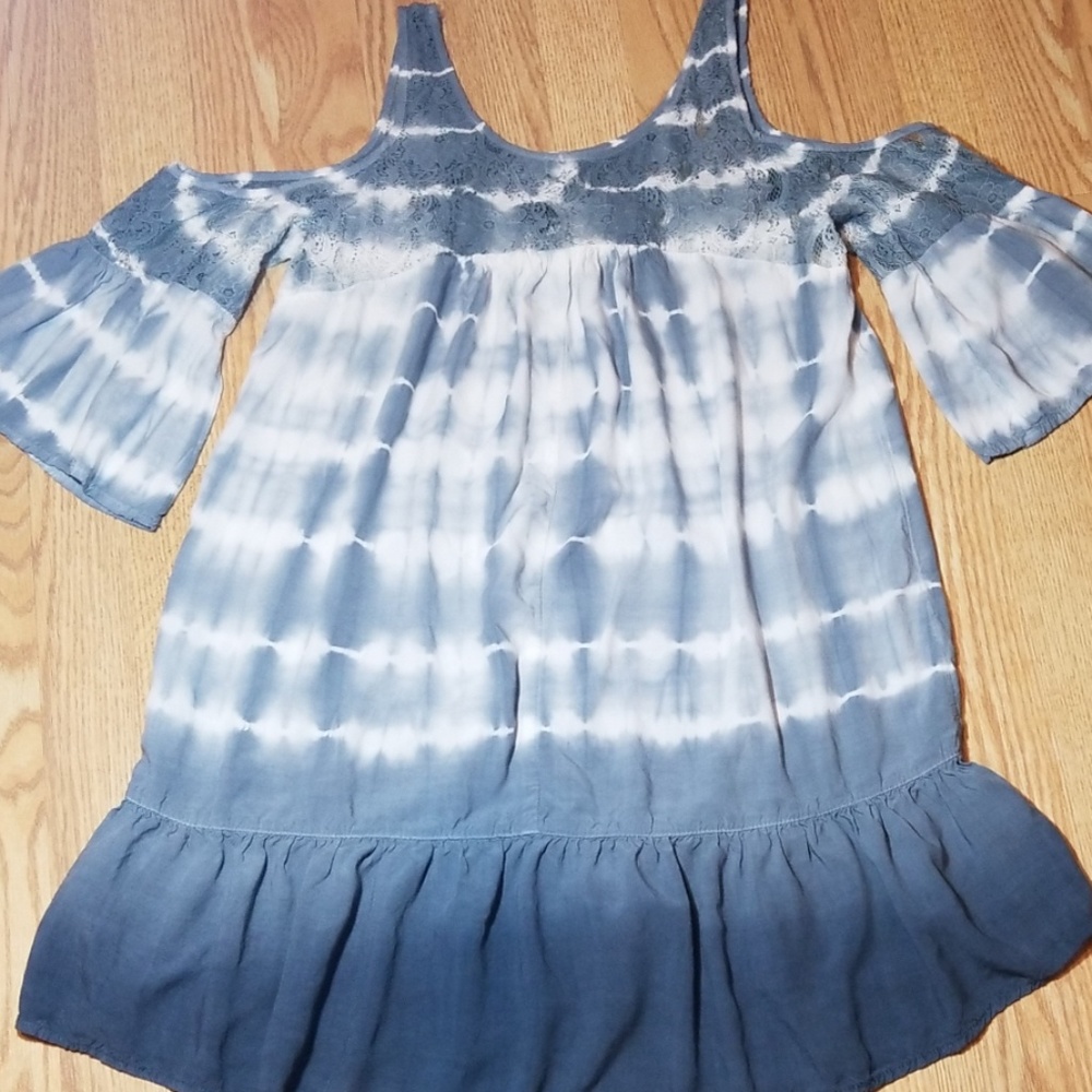 Umgee Women's Blue & White Tie Dye Cold Shoulder Spring Summer Mini Flowy Dress